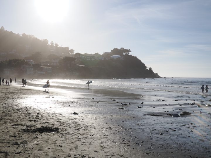 Surfers carrying boards across wet sand in low evening sun